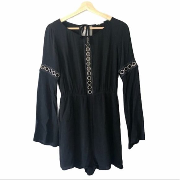 AMT Pants - Boutique AMT Open Back Black & Silver Bell Sleeve Long Sleeve Romper S